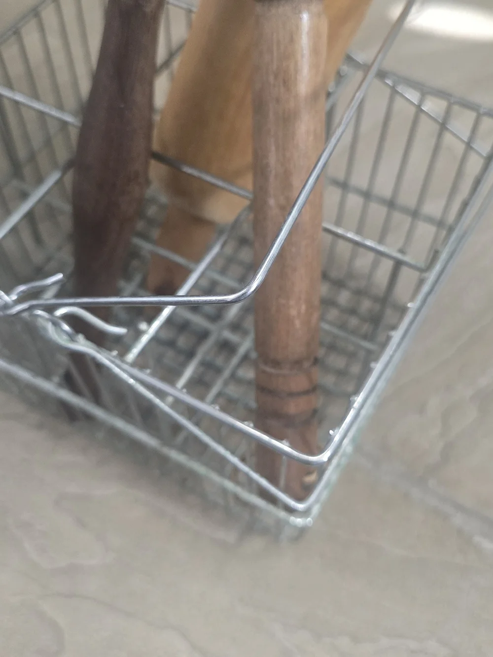 Wood and Metal Kitchen Utensil Items with Metal Storage Basket